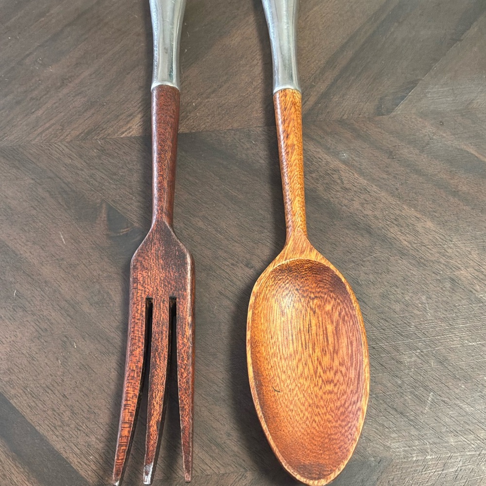 Sterling Silver and Teakwood Serving Spoon and Fork Set - Made in Italy